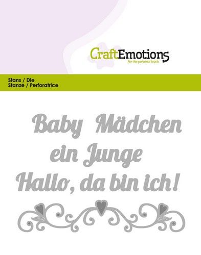 CraftEmotions Die Text - Baby Hallo, da bin ich! (DE) Card 11x9cm  (115633/0421) (AFGEPRIJSD)