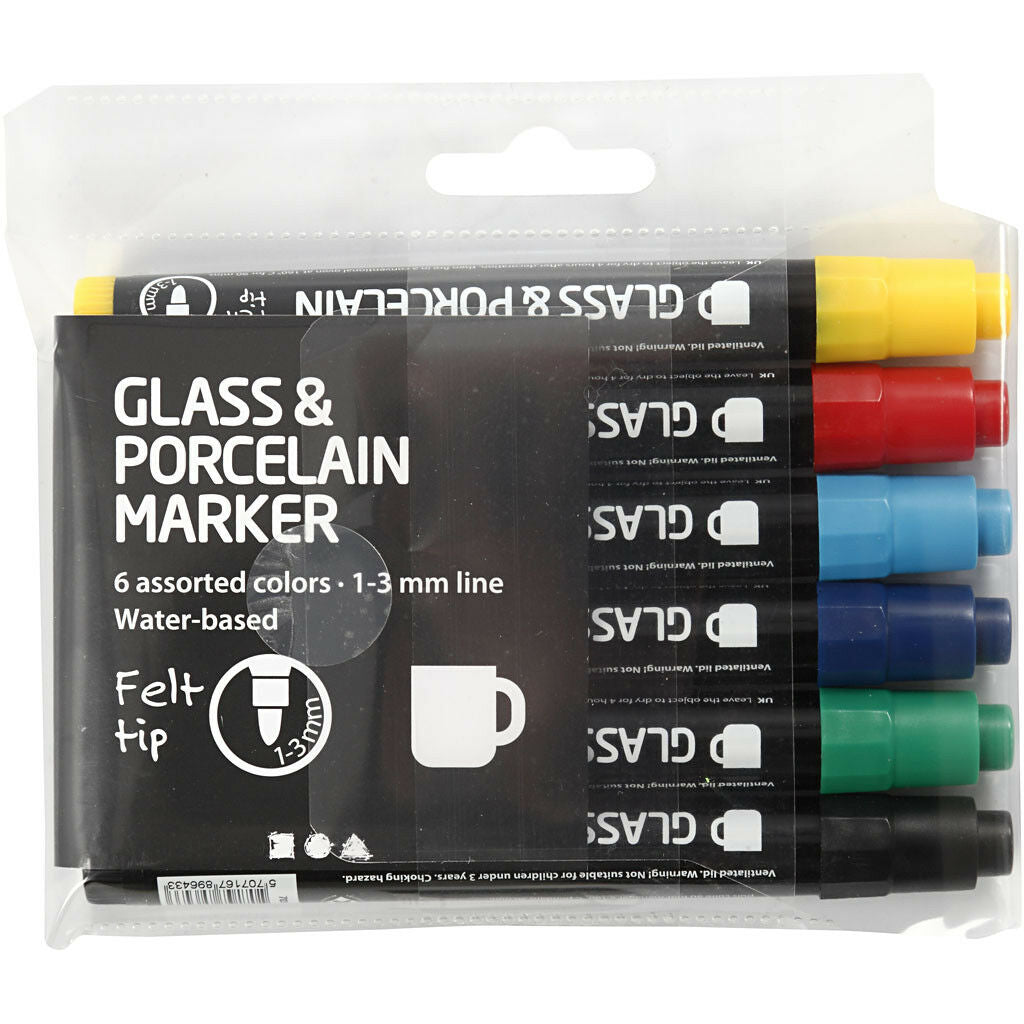 Glas- & Porseleinstiften, Lijndikte: 1-3 , Semi-dekkend, Standaardkleuren, 6 Stuk (31651)