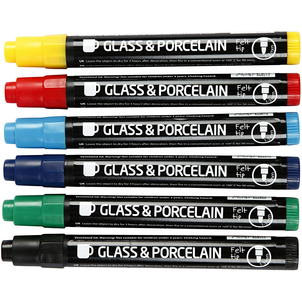 Glas- & Porseleinstiften, Lijndikte: 1-3 , Semi-dekkend, Standaardkleuren, 6 Stuk (31651)