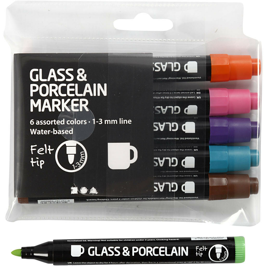 Glas- & Porseleinstiften, Lijndikte: 1-3 , Semi-dekkend, Extra Kleuren, 6 Stuk (31652)