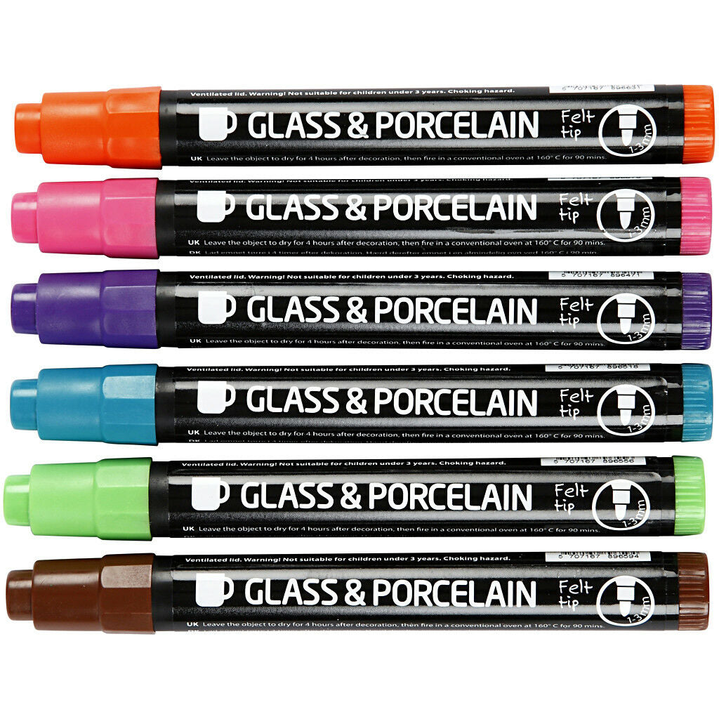 Glas- & Porseleinstiften, Lijndikte: 1-3 , Semi-dekkend, Extra Kleuren, 6 Stuk (31652)