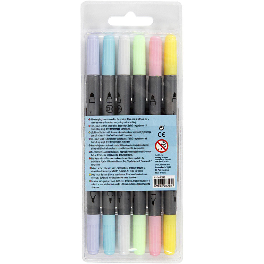Textielstiften, lijndikte: 2,3+3,6 mm, pastelkleuren, 6stuks (34829)