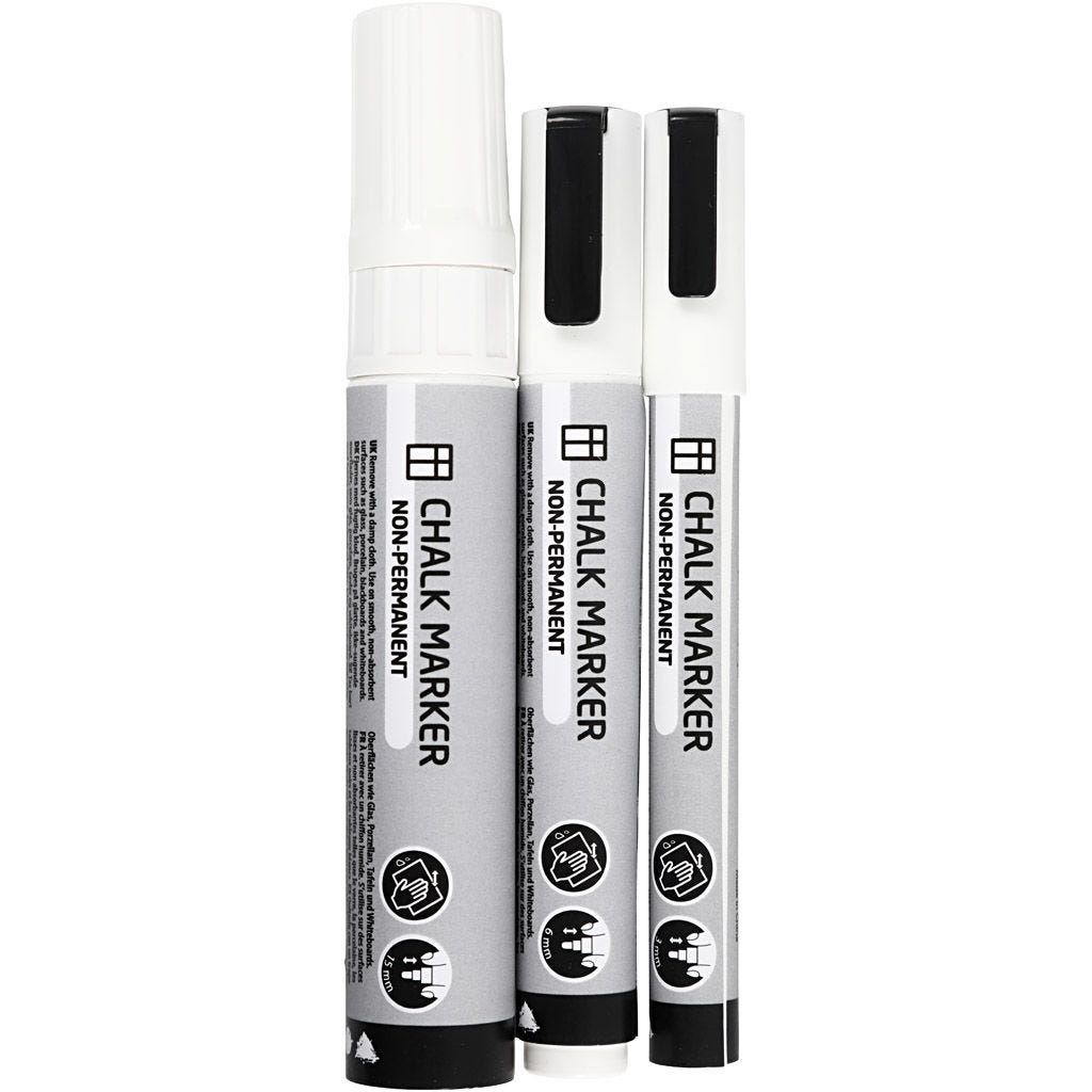 Chalk markers 3 stuks, lijndikte 3+6+15mm wit (37388)