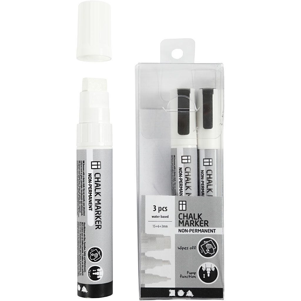 Chalk markers 3 stuks, lijndikte 3+6+15mm wit (37388)