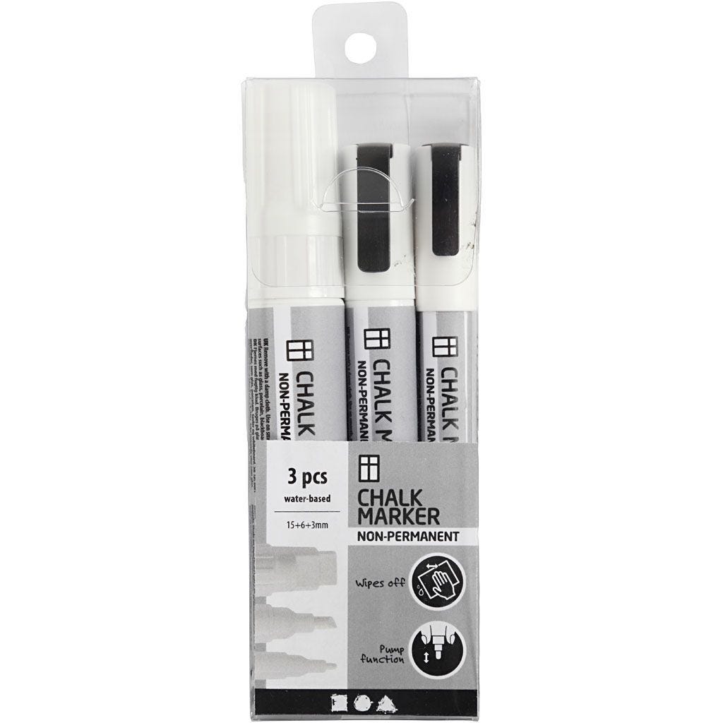 Chalk markers 3 stuks, lijndikte 3+6+15mm wit (37388)
