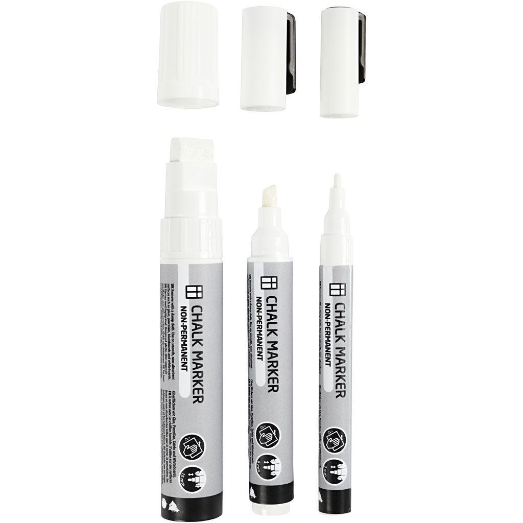 Chalk markers 3 stuks, lijndikte 3+6+15mm wit (37388)