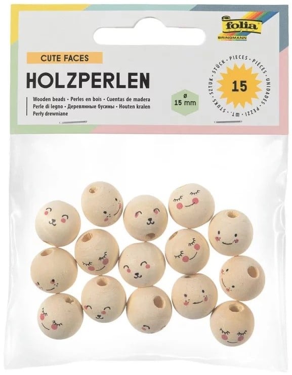 Folia Houten Kralen Schattige Gezichten - 15 Stuk (22981)