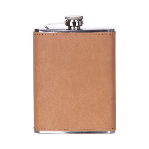Metalen heupfles 240ml met een bruin lederen omhulsel voor sublimatie (PUJH08BN)