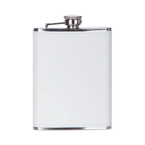Metalen heupfles 240ml met een wit lederen omhulsel voor sublimatie (PUJH08W)