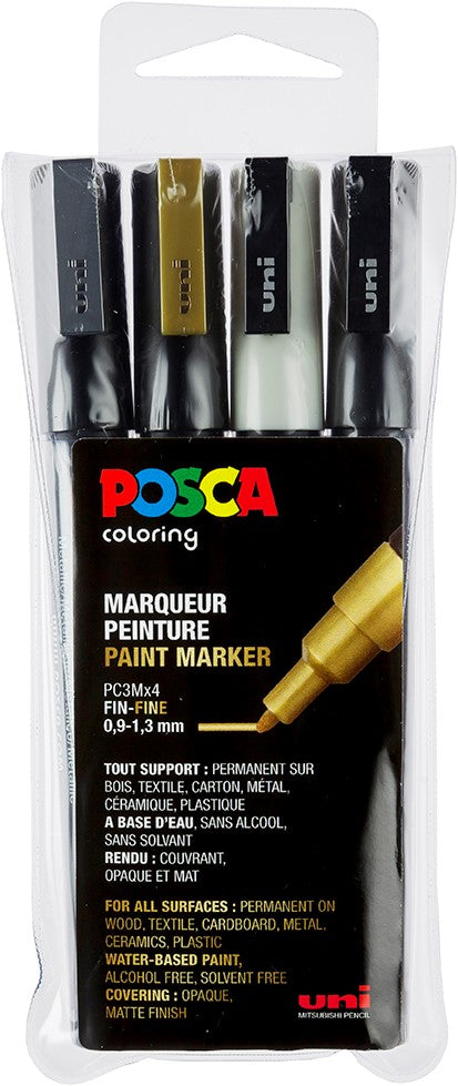 Uni Posca Verfmarker - lijndikte: 0,7 mm - PC-1MC - Set 4st - Metallic