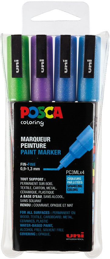 Uni Posca Verfmarker - lijndikte: 0,9-1,3 mm - PC-3M - Glitter Koud - Set van 4