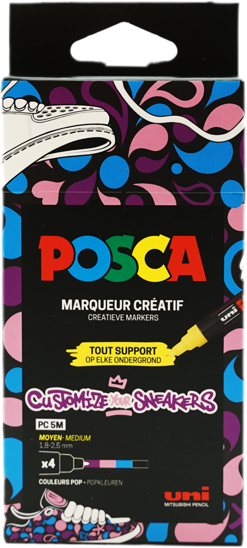 Uni Posca Verfmarker - lijndikte: 0,9-1,3 mm - PC-3M - Sneakers Pop - Set van 4