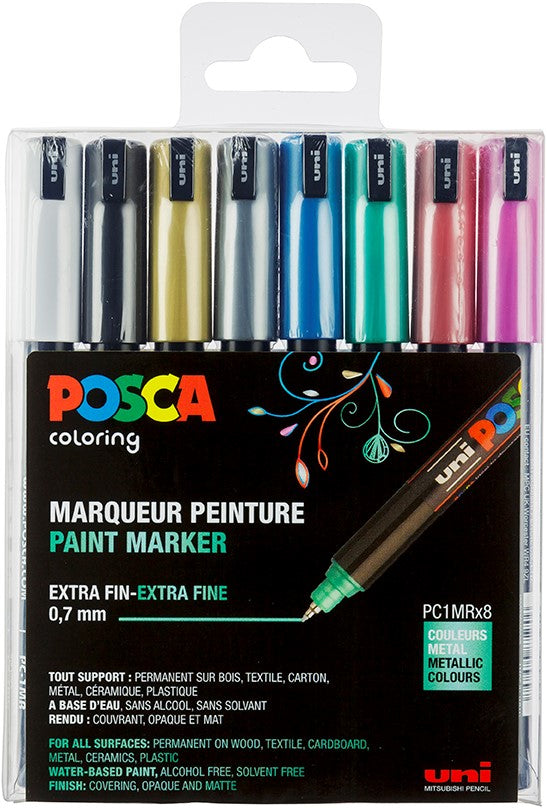 Uni Posca Verfmarker - lijndikte: 0,7 mm - PC-1MR - Set 8st - Metallic