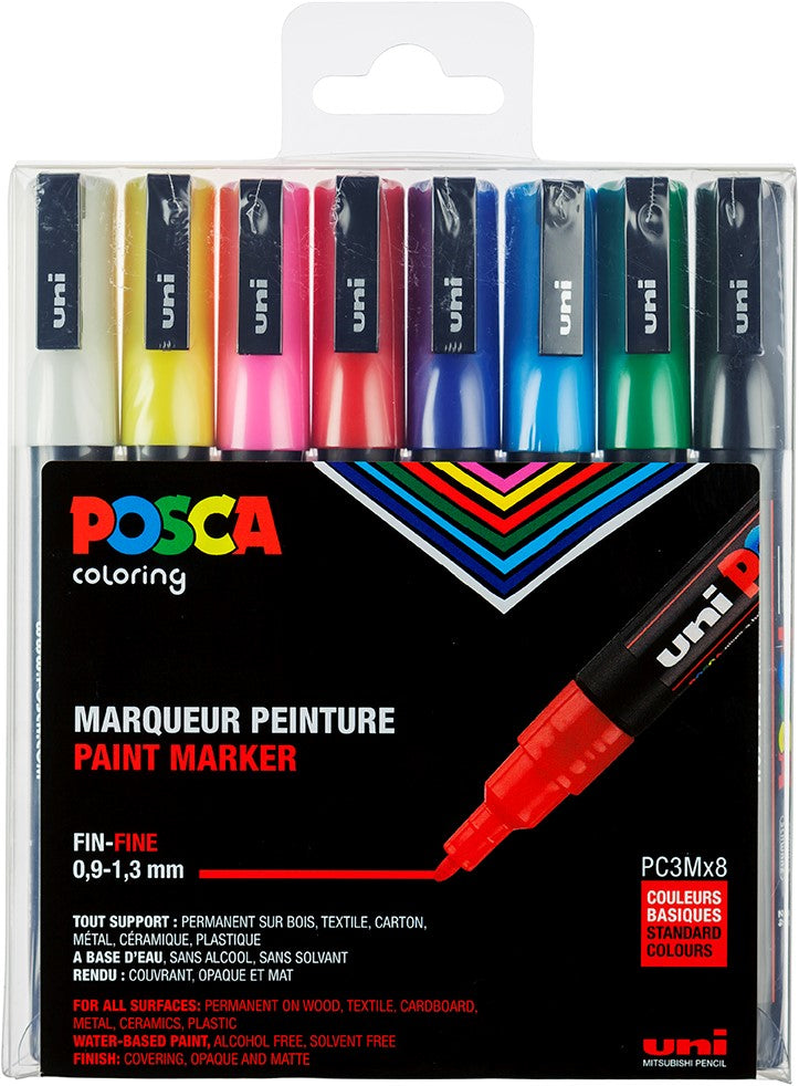 Uni Posca Verfmarker - lijndikte: 0,9-1,3 mm - PC-3M - Basis - Set van 8