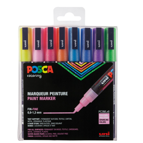 Uni Posca Verfmarker - lijndikte: 0,9-1,3 mm - PC-3M - Glitter - Set van 8