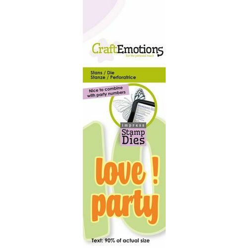 CraftEmotion Impress stamp Die - tekst: love, party! (EN) Card 5x10cm - 8 cm (115633/3161)*