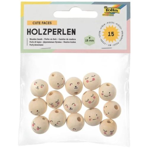 Folia Houten Kralen Schattige Gezichten - 15 Stuk (22981)