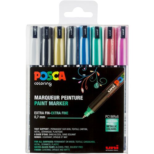 Uni Posca Verfmarker - lijndikte: 0,7 mm - PC-1MR - Set 8st - Metallic